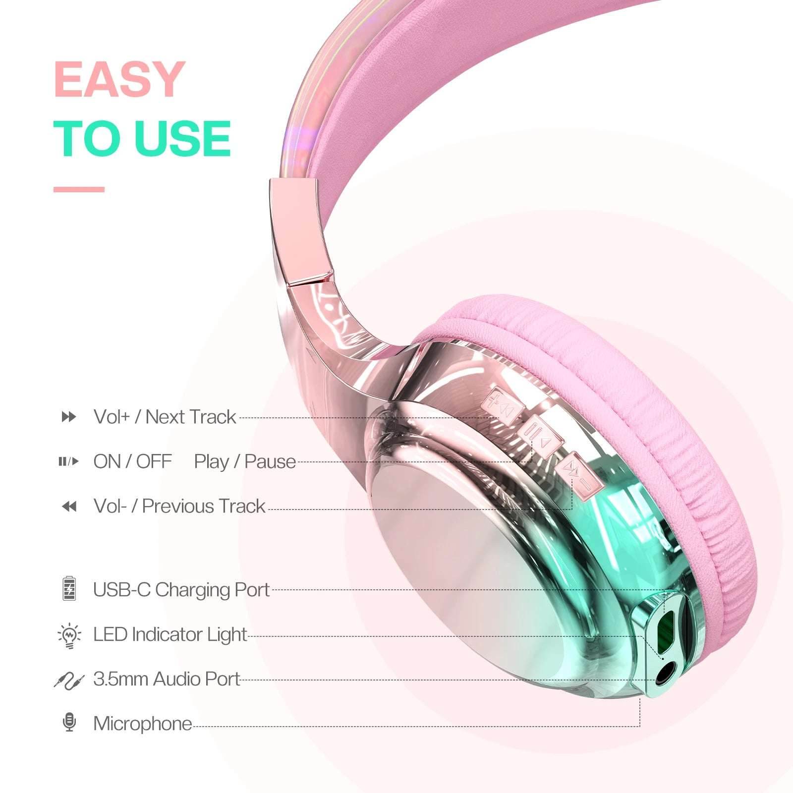 Glossy Gradient Pink Bluetooth5.3 Headphone For Girl Wireless Headphone with Mic Over Ear Headset Gift - EYESPHERE