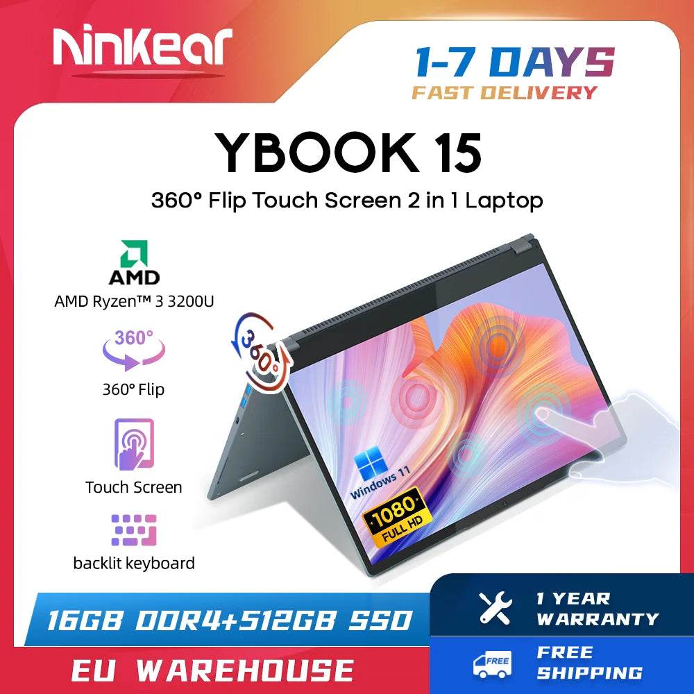 Ninkear YBOOK15 2 in 1 Laptop AMD Ryzen™ 3 3200U 15.6' 360° flip FHD IPS Touchscreen 16G+512GB SSD Backlit Keyboard Windows 11 - EYESPHERE