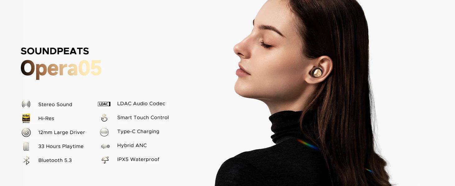 Soundpeats Opera 05 Hi-Res Wireless Earbuds LDAC Hybrid ANC Bluetooth V5.3 Earphones With Stereo Sound Hi-Fi Audio ENC Dual Mics - EYESPHERE