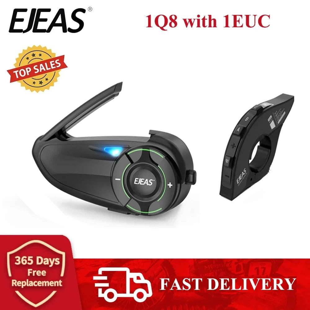 EJEAS Q8 Motorcycle Mesh Intercom with EUC Remote Walkie Talkie Bluetooth Interphone Headset for 6 Riders with Bluetooth 5.1 - EYESPHERE