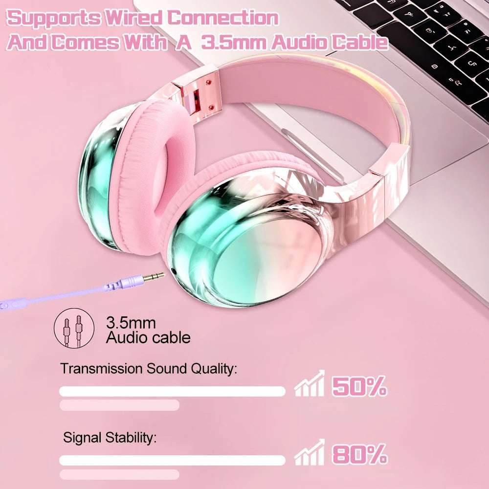 Glossy Gradient Pink Bluetooth5.3 Headphone For Girl Wireless Headphone with Mic Over Ear Headset Gift - EYESPHERE