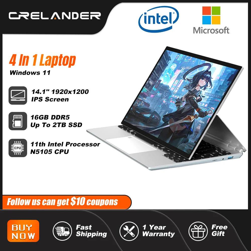 CRELANDER 4 in 1 Laptop 14 inch Touch Screen Celeron N5105 16GB Ram Windows 11 Tablet PC Notebook Computer For Student Business - EYESPHERE