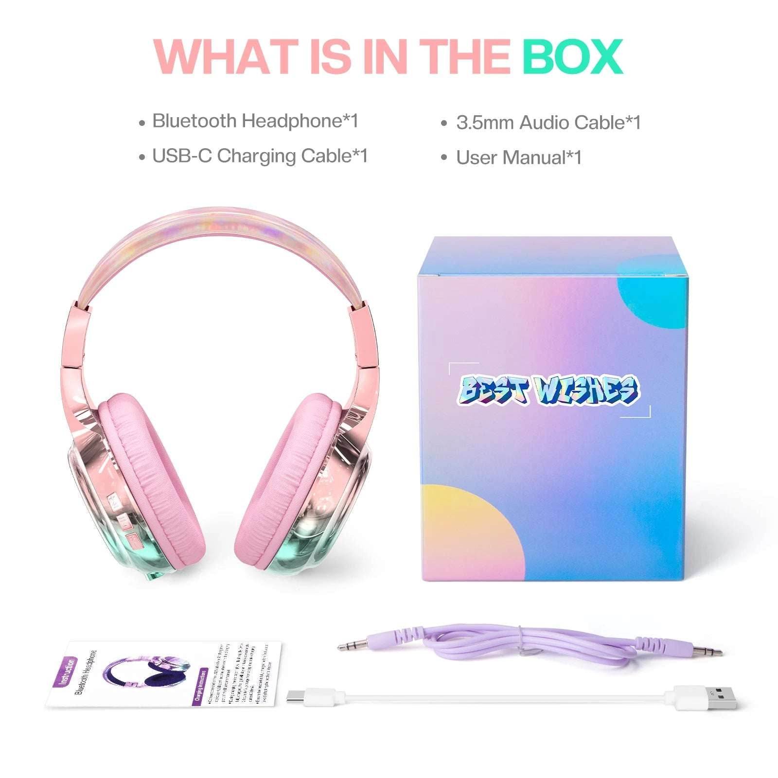 Glossy Gradient Pink Bluetooth5.3 Headphone For Girl Wireless Headphone with Mic Over Ear Headset Gift - EYESPHERE