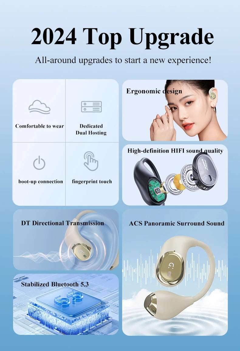 GIONEE Wireless Bluetooth 5.3 Earphones Earclip TWS Bone Conduction Headphones 360°ACS Sound Sport Earbuds Headset with Mic - EYESPHERE