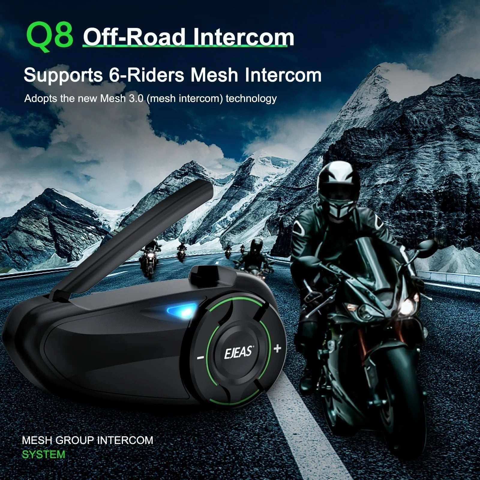 EJEAS Q8 Motorcycle Mesh Intercom with EUC Remote Walkie Talkie Bluetooth Interphone Headset for 6 Riders with Bluetooth 5.1 - EYESPHERE