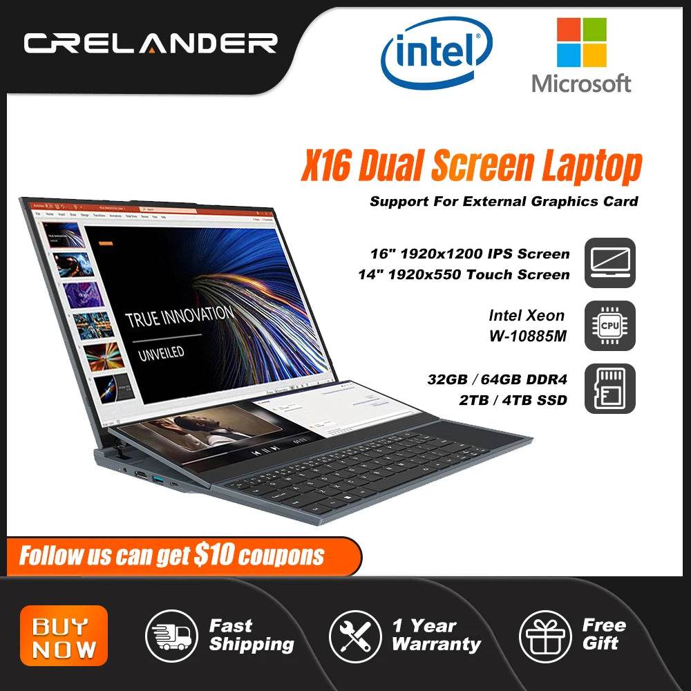 CRELANDER X16 Double Screen Laptops 16 Inch + 14 Inch Touch Screen Intel 10th Windows 11 Portable PC Notebook Computer - EYESPHERE