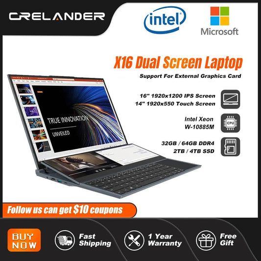 CRELANDER X16 Double Screen Laptops 16 Inch + 14 Inch Touch Screen Intel 10th Windows 11 Portable PC Notebook Computer - EYESPHERE