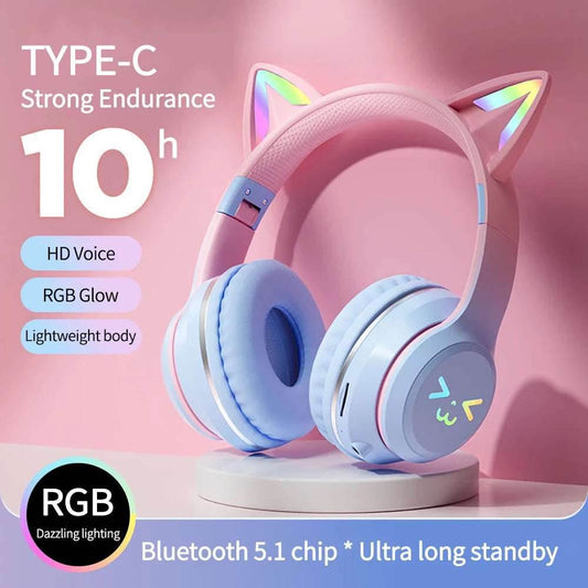 Gradient wireless Headphones RGB cute cat ear Bluetooth Earphones with microphone Stereo Music Game Earphone Girls Kids Gifts - EYESPHERE