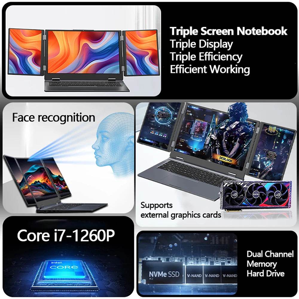 Triple Screen Laptop 16+10.5+10.5inch I7-1260P 64GB 4TB DDR4 Win11 Face Recognition Fingerprint Unlock WIFI6 HD Camera Computer - EYESPHERE