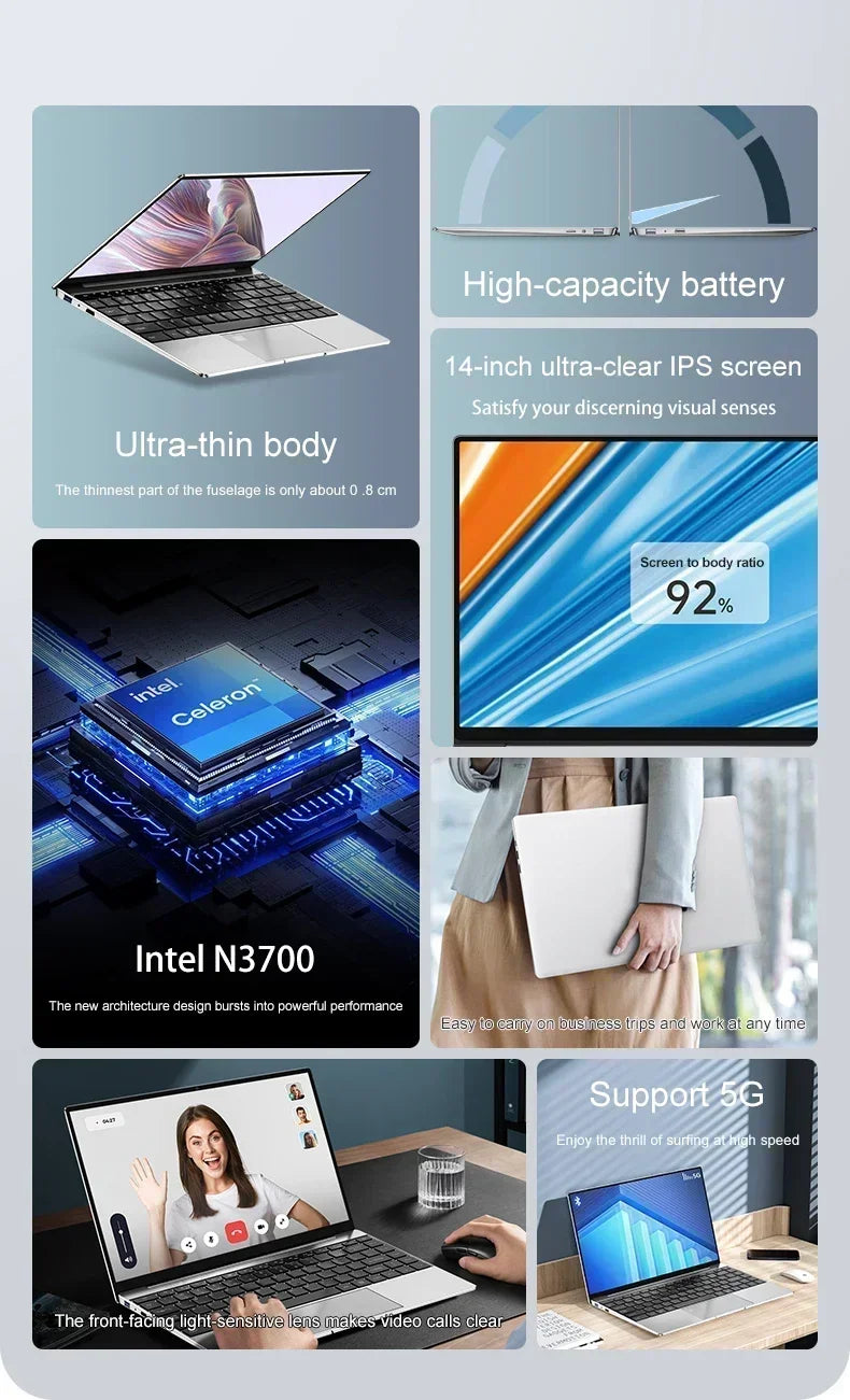 14.1" Ultra Slim Laptop 16GB RAM 2TB SSD Intel N3700 Notebook Gamer Windows 11 Pro 1920*1080  Display Office Study Computer PC