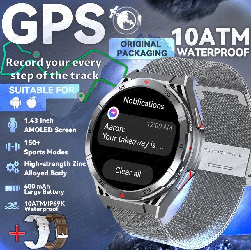 New Military Sports High-precision GPS Smart Watch Men 1.43" Compass 480mAh IP68 Waterproof Bluetooth Call Watch For Android IOS