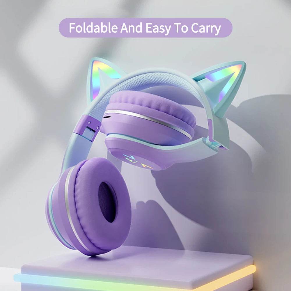 Gradient wireless Headphones RGB cute cat ear Bluetooth Earphones with microphone Stereo Music Game Earphone Girls Kids Gifts - EYESPHERE