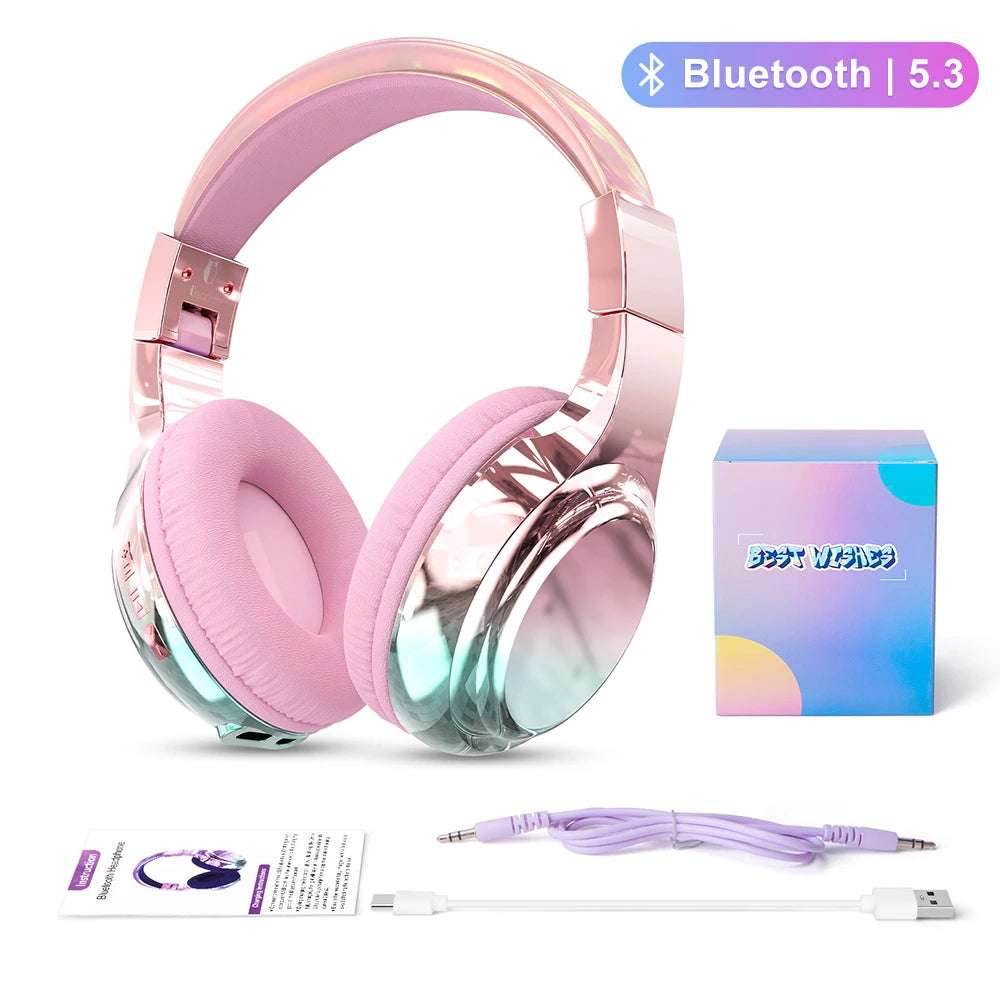 Glossy Gradient Pink Bluetooth5.3 Headphone For Girl Wireless Headphone with Mic Over Ear Headset Gift - EYESPHERE