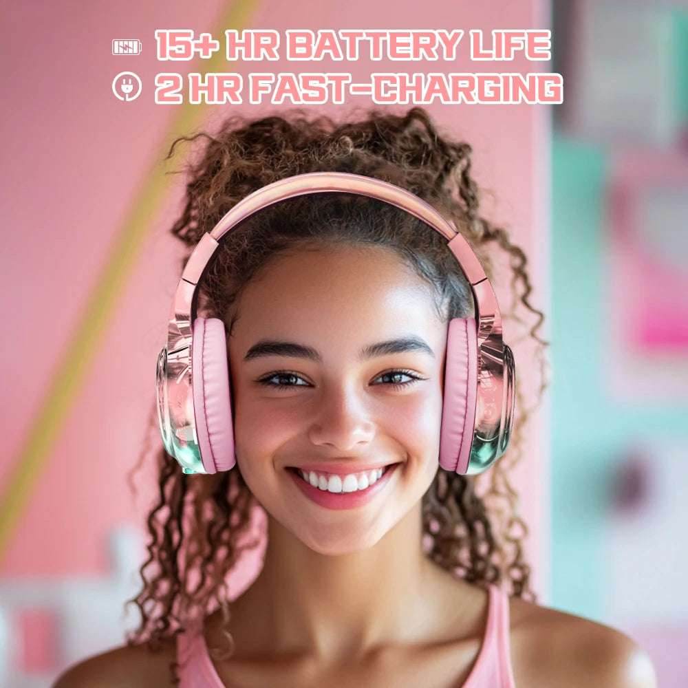 Glossy Gradient Pink Bluetooth5.3 Headphone For Girl Wireless Headphone with Mic Over Ear Headset Gift - EYESPHERE