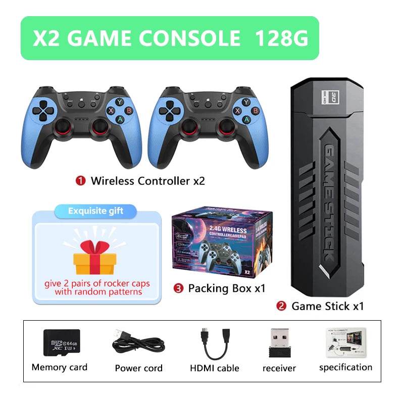 Video Game Stick X2 4K Video Game Stick Console 2.4G Double Wireless Controller 4K HD30000 Games 128G Retro Games Xmas Gift - EYESPHERE