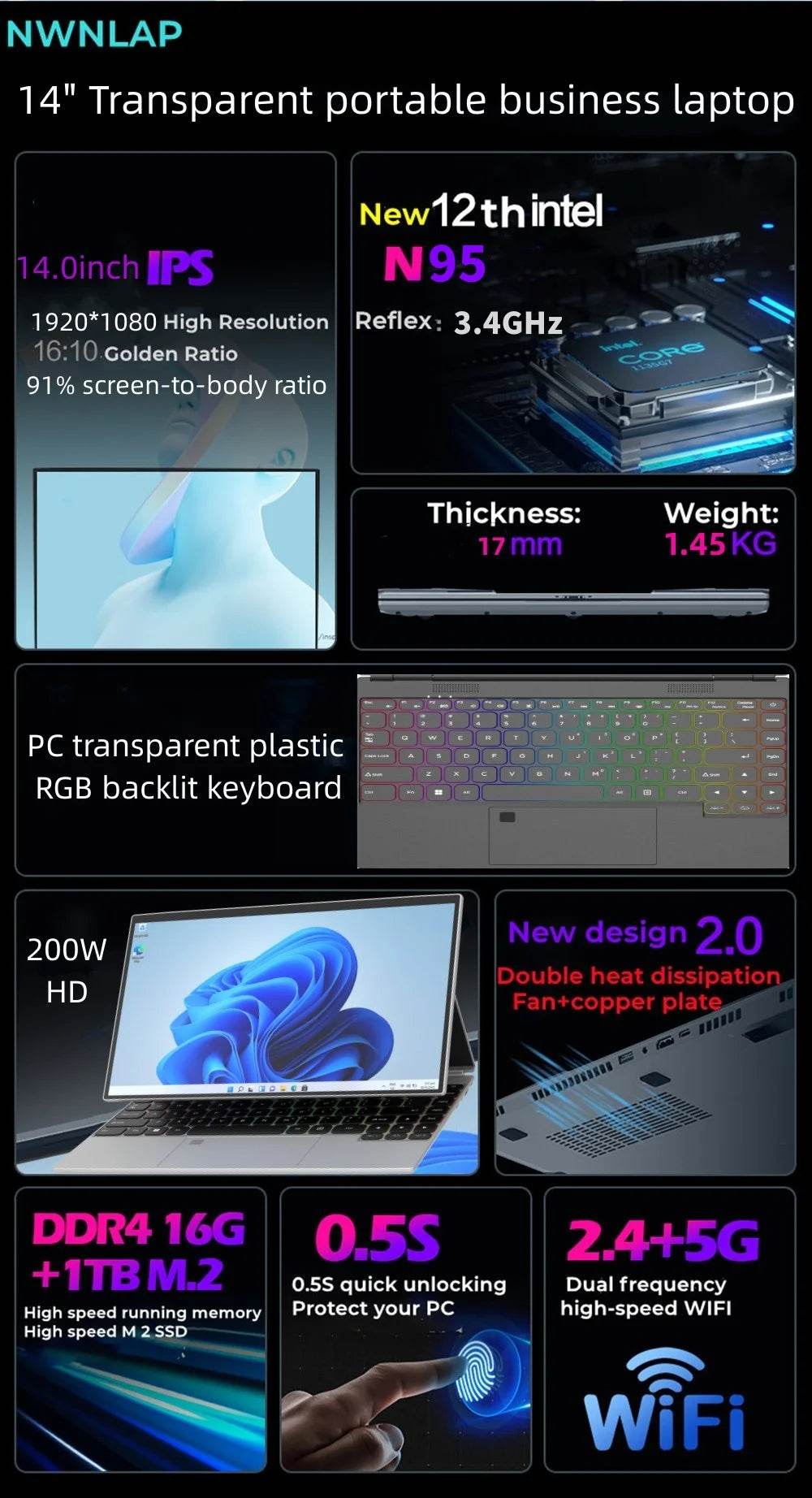 360° Rotating 14.0'' IPS Touch Screen 32G 128G-1T Laptop N95 Windows 11 Notebook 4 In 1 Tablet Business Office Slim Touch ID RGB - EYESPHERE