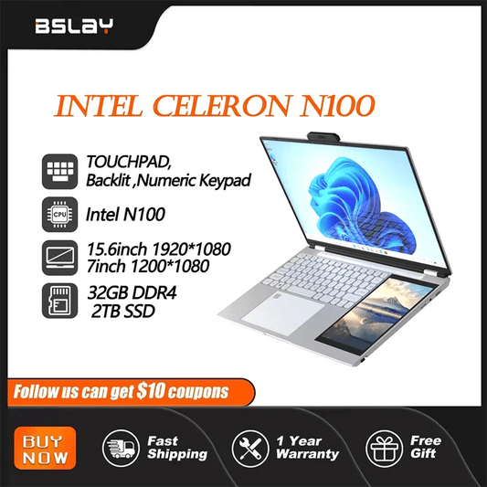 Dual Screen 15.6+7inch Laptop Intel N100 32GB RAM 2TB SSD DDR4 Win11 Fingerprint Unlock HD Camera Backlit Keypad Notebook - EYESPHERE