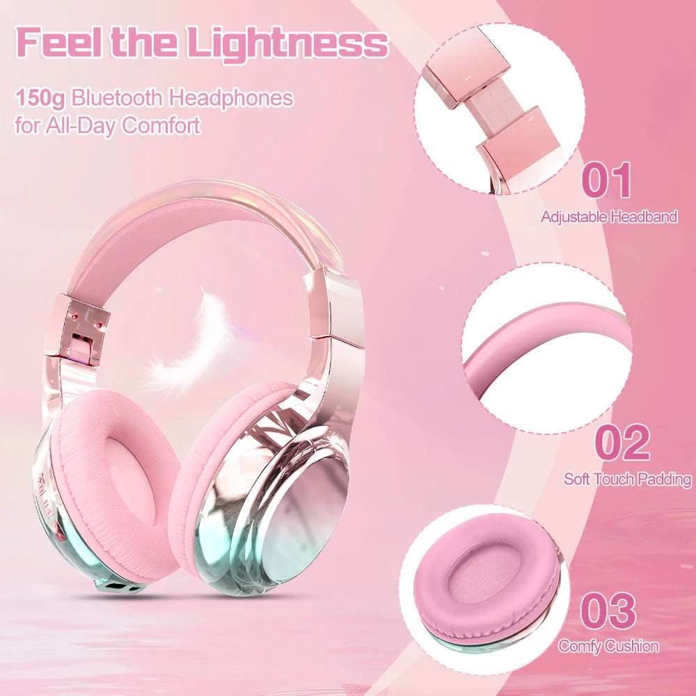 Glossy Gradient Pink Bluetooth5.3 Headphone For Girl Wireless Headphone with Mic Over Ear Headset Gift - EYESPHERE