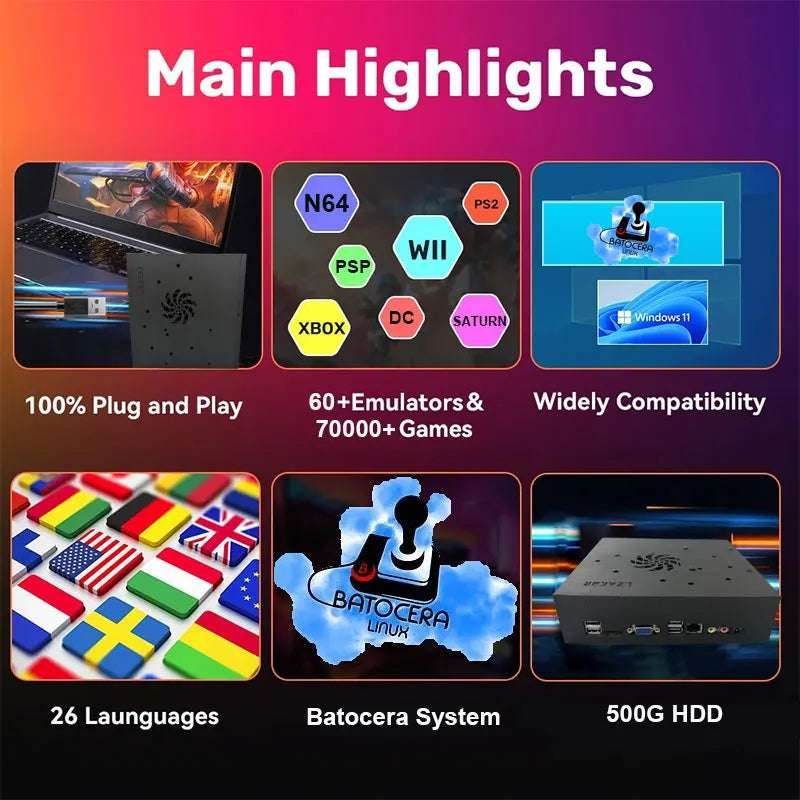 500GB T8 Retro Gaming Console Loaded 70000+ Games for Wii PS2 DC PSP GAMECUBE Plug-and-Play On TV Windows 11 Children's Gift - EYESPHERE