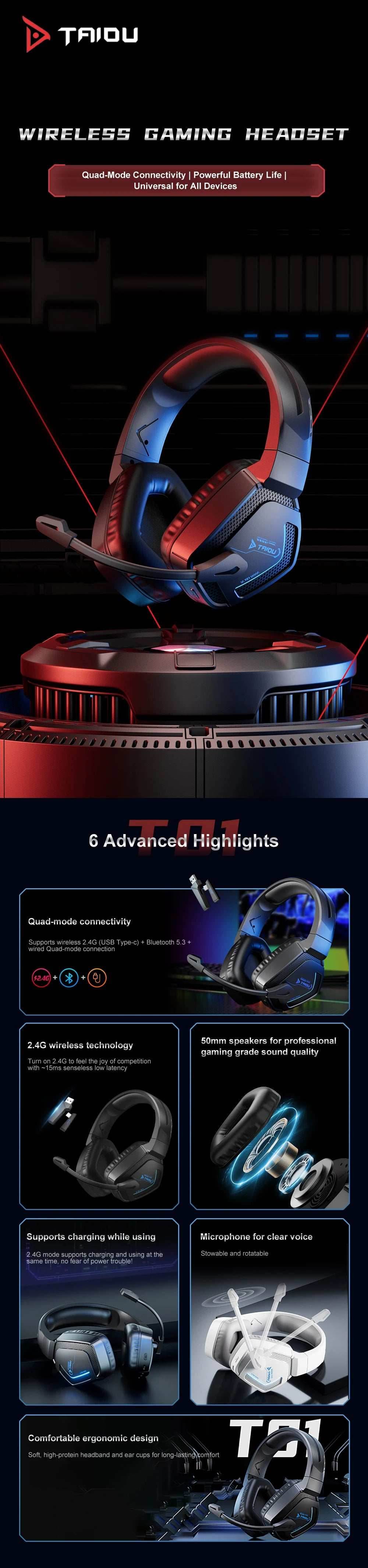 TAIDU T01 Gaming Headset High Quality Wireless Bluetooth Headphones 50mm Wired 4-mode Earphone Gamer's Choice for PC PS5 Xbox - EYESPHERE