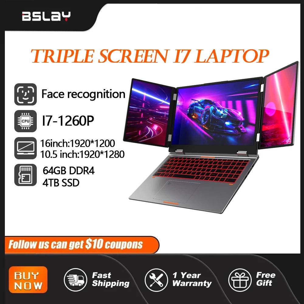 Triple Screen Laptop 16+10.5+10.5inch I7-1260P 64GB 4TB DDR4 Win11 Face Recognition Fingerprint Unlock WIFI6 HD Camera Computer - EYESPHERE