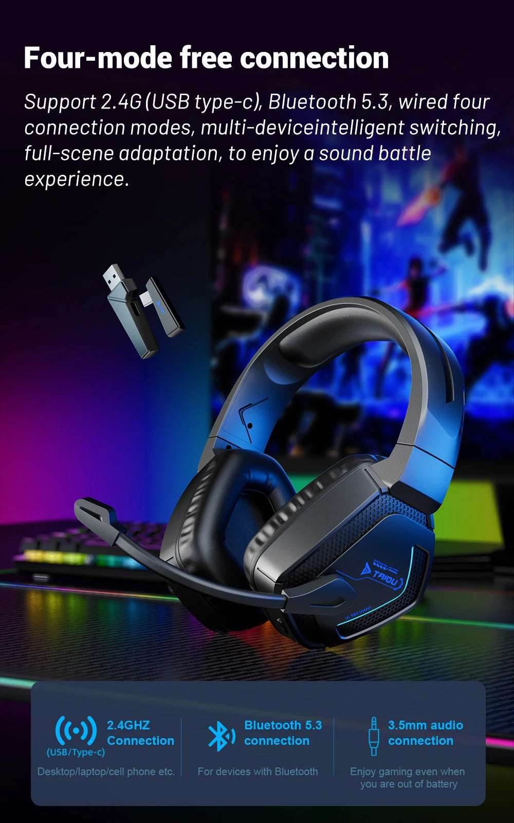 TAIDU T01 Gaming Headset High Quality Wireless Bluetooth Headphones 50mm Wired 4-mode Earphone Gamer's Choice for PC PS5 Xbox - EYESPHERE