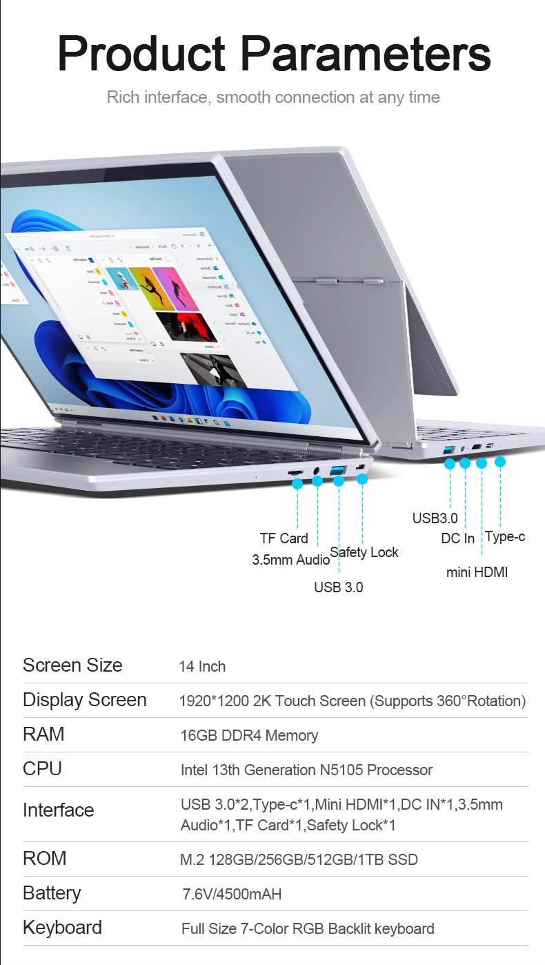 CRELANDER 4 in 1 Laptop 14 inch Touch Screen Celeron N5105 16GB Ram Windows 11 Tablet PC Notebook Computer For Student Business - EYESPHERE