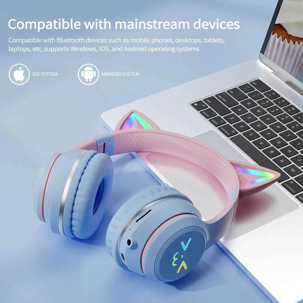 Gradient wireless Headphones RGB cute cat ear Bluetooth Earphones with microphone Stereo Music Game Earphone Girls Kids Gifts - EYESPHERE