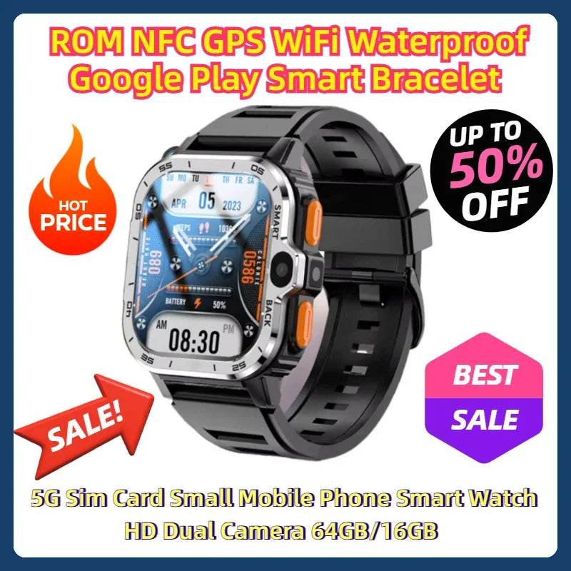 ROM NFC GPS WiFi Waterproof Google Play Smart Bracelet 5G Sim Card Small Mobile Phone Smart Watch HD Dual Camera 64GB/16GB - EYESPHERE