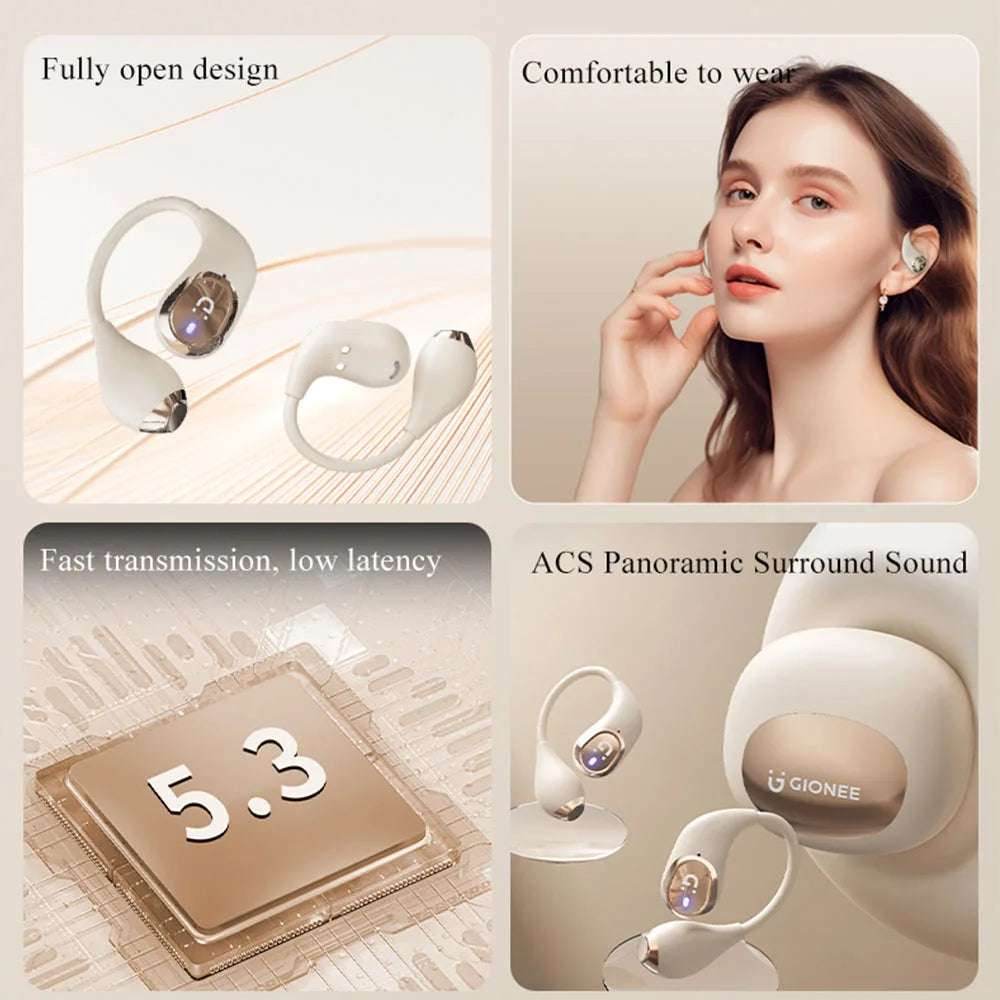 GIONEE Wireless Bluetooth 5.3 Earphones Earclip TWS Bone Conduction Headphones 360°ACS Sound Sport Earbuds Headset with Mic - EYESPHERE