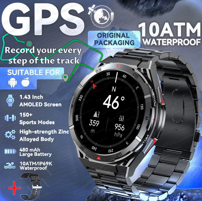 New Military Sports High-precision GPS Smart Watch Men 1.43" Compass 480mAh IP68 Waterproof Bluetooth Call Watch For Android IOS