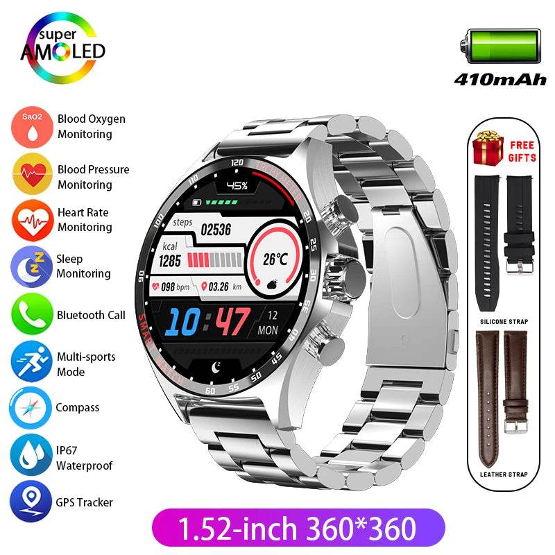 Hotsale Silver Gold Stainless Steel Color Smart Watch 1.58 Inch Bt Call Nfc Wireless Charging Smartwatch - EYESPHERE