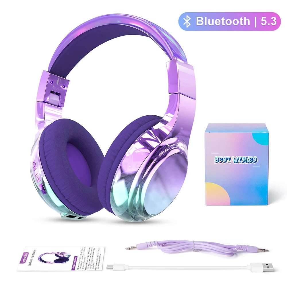 Glossy Gradient Pink Bluetooth5.3 Headphone For Girl Wireless Headphone with Mic Over Ear Headset Gift - EYESPHERE