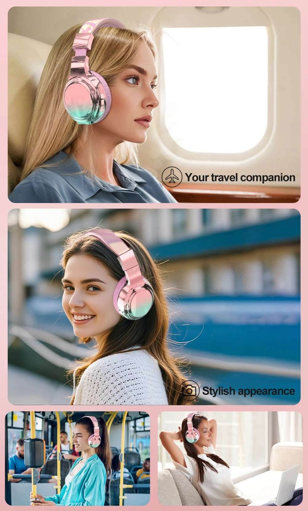 Glossy Gradient Pink Bluetooth5.3 Headphone For Girl Wireless Headphone with Mic Over Ear Headset Gift - EYESPHERE