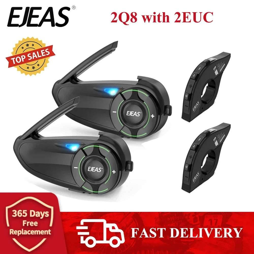 EJEAS Q8 Motorcycle Mesh Intercom with EUC Remote Walkie Talkie Bluetooth Interphone Headset for 6 Riders with Bluetooth 5.1 - EYESPHERE