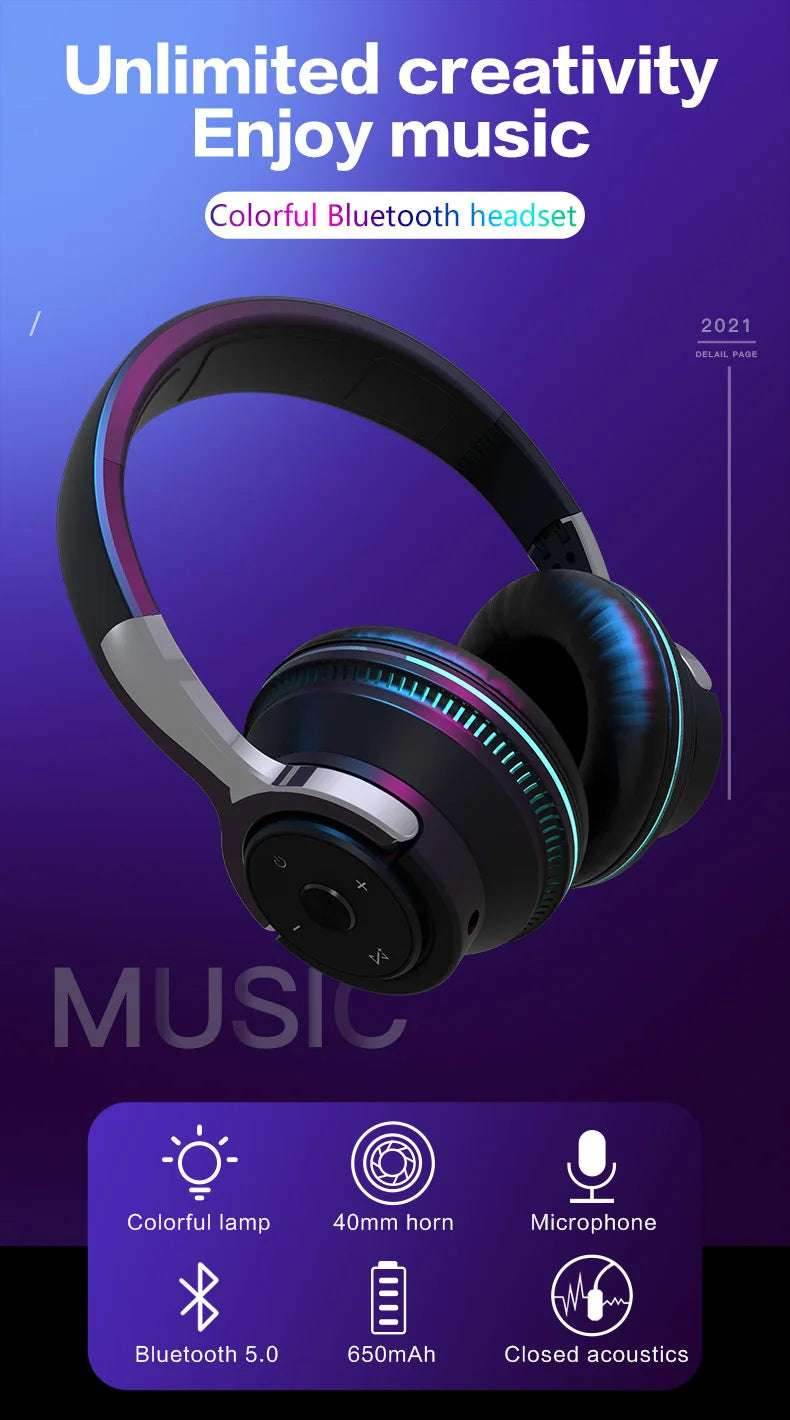 Bluetooth Headphones Head-mounted Noise Reduction Wireless Headset for Phones PC Gaming Headsets Heavy Bass Colorful LED Lights - EYESPHERE