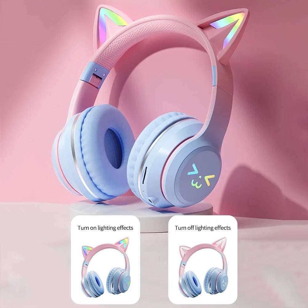 Gradient wireless Headphones RGB cute cat ear Bluetooth Earphones with microphone Stereo Music Game Earphone Girls Kids Gifts - EYESPHERE