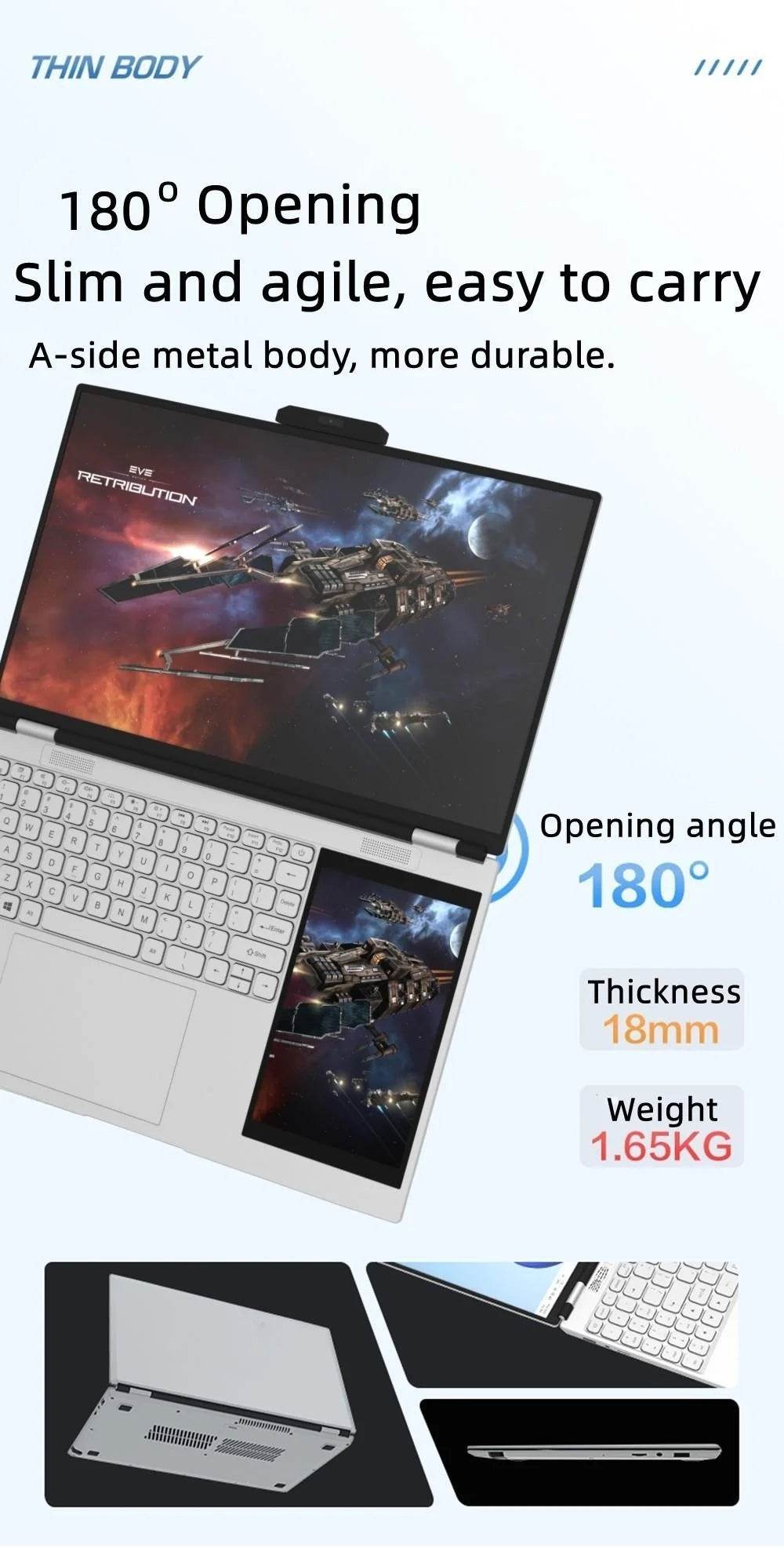 Dual Screen 15.6+7inch Laptop Intel N100 32GB RAM 2TB SSD DDR4 Win11 Fingerprint Unlock HD Camera Backlit Keypad Notebook - EYESPHERE