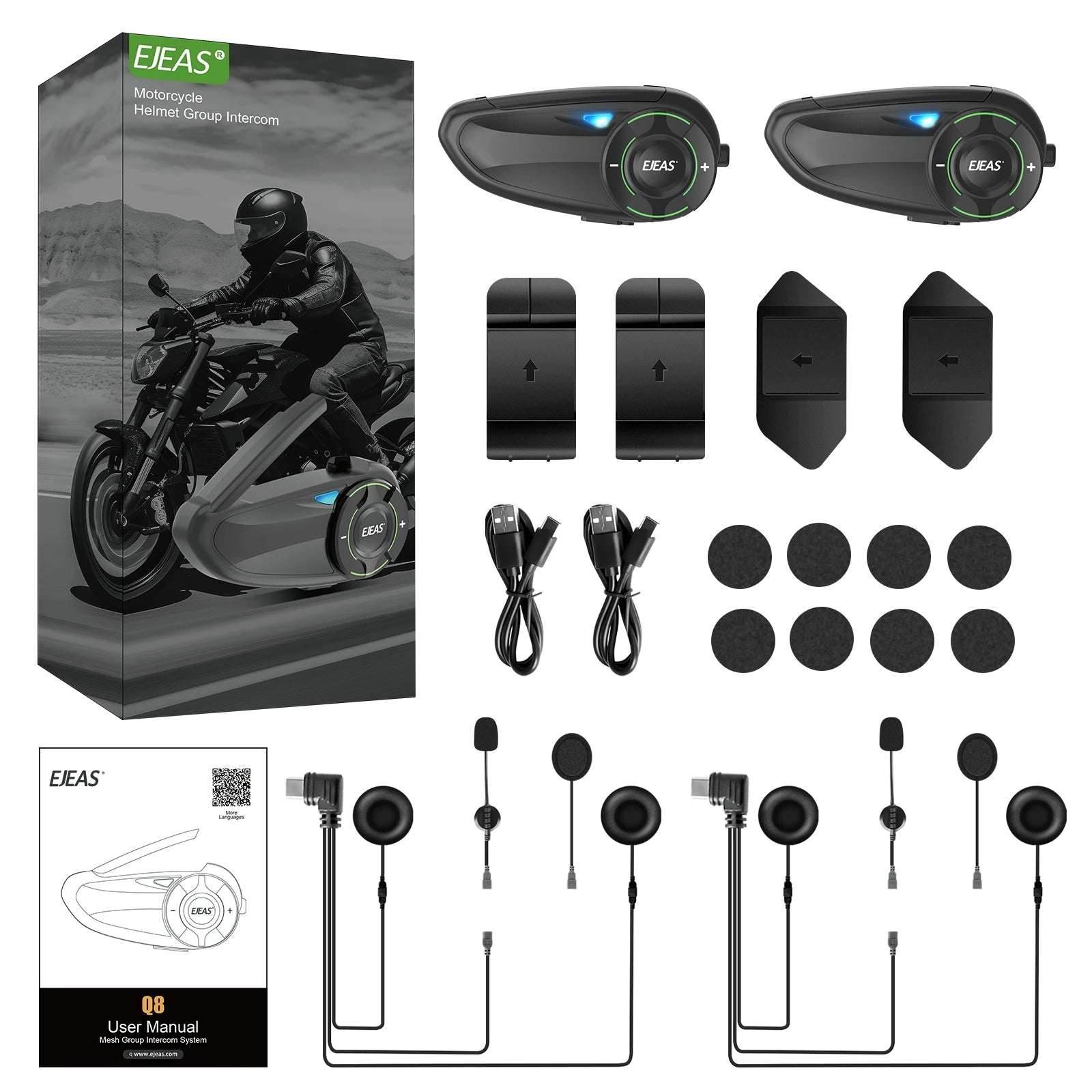 EJEAS Q8 Motorcycle Mesh Intercom with EUC Remote Walkie Talkie Bluetooth Interphone Headset for 6 Riders with Bluetooth 5.1 - EYESPHERE