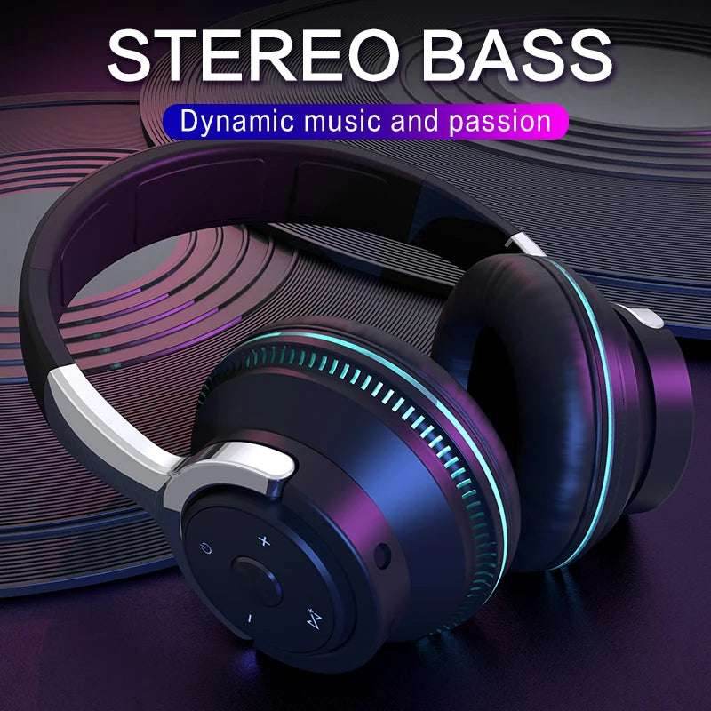 Bluetooth Headphones Head-mounted Noise Reduction Wireless Headset for Phones PC Gaming Headsets Heavy Bass Colorful LED Lights - EYESPHERE