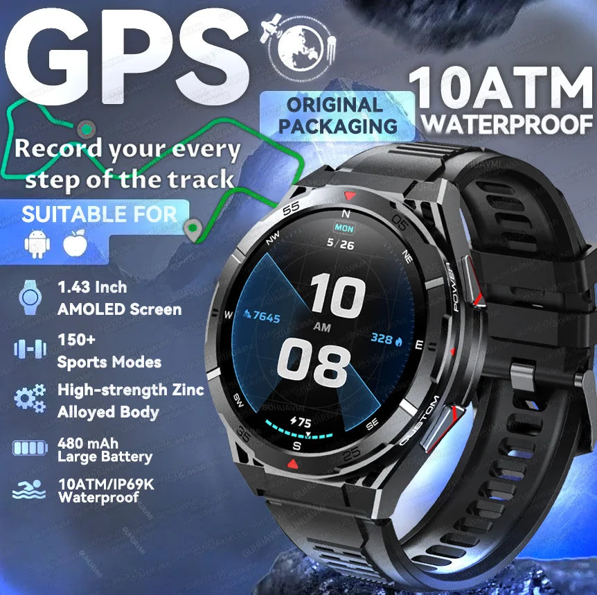 New Military Sports High-precision GPS Smart Watch Men 1.43" Compass 480mAh IP68 Waterproof Bluetooth Call Watch For Android IOS