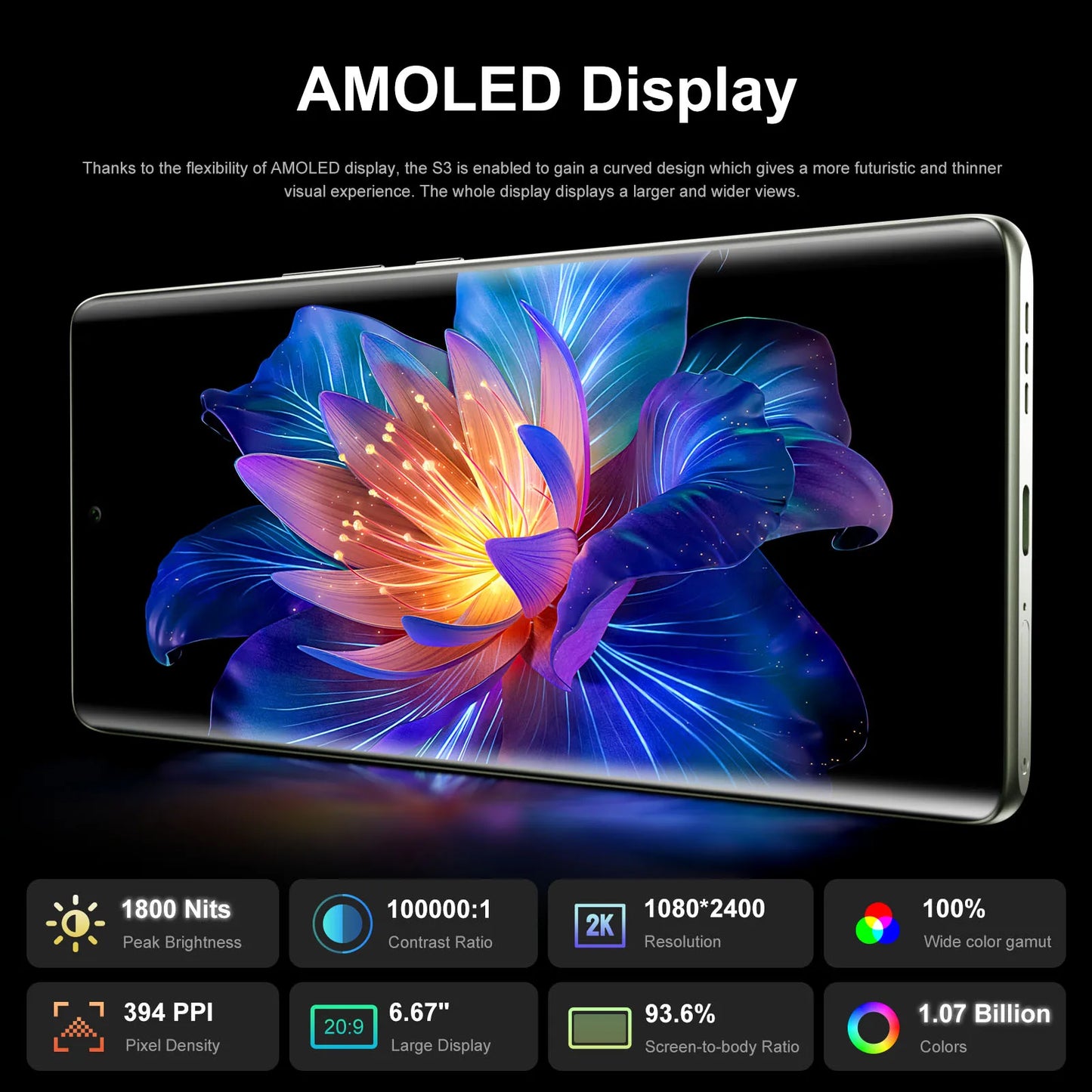 S3 PRO Smartphone 6.67" AMOLED Display Android 14 Up to 20+128GB Mobile 8+64MP CAM NFC