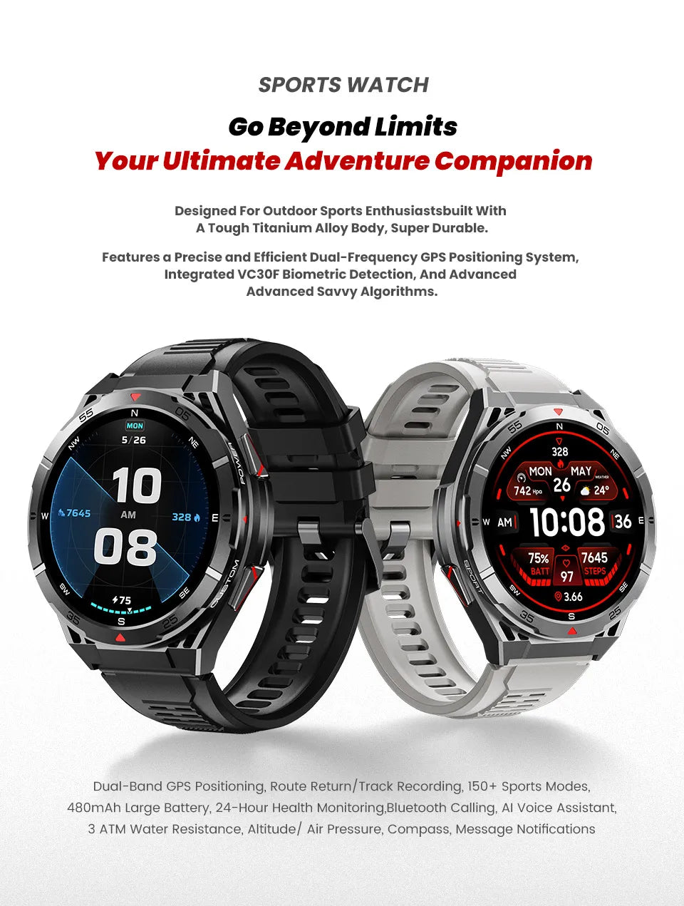 New Military Sports High-precision GPS Smart Watch Men 1.43" Compass 480mAh IP68 Waterproof Bluetooth Call Watch For Android IOS