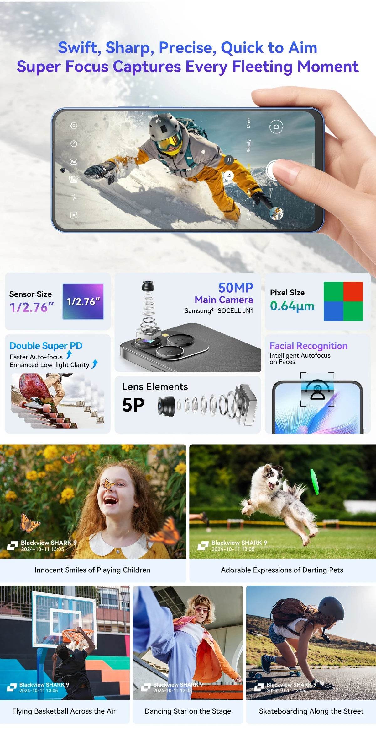 Blackview SHARK 9 5G Smartphone 6.67'' HD+ IPS 90Hz Display NFC 50MP AI Main Camera GPS Android 14 Mobile Phone - EYESPHERE