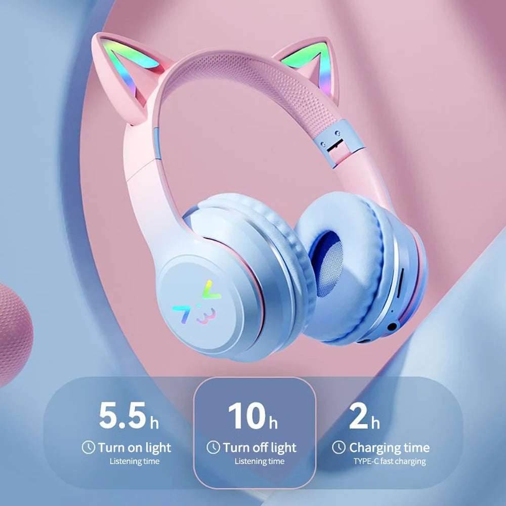 Gradient wireless Headphones RGB cute cat ear Bluetooth Earphones with microphone Stereo Music Game Earphone Girls Kids Gifts - EYESPHERE