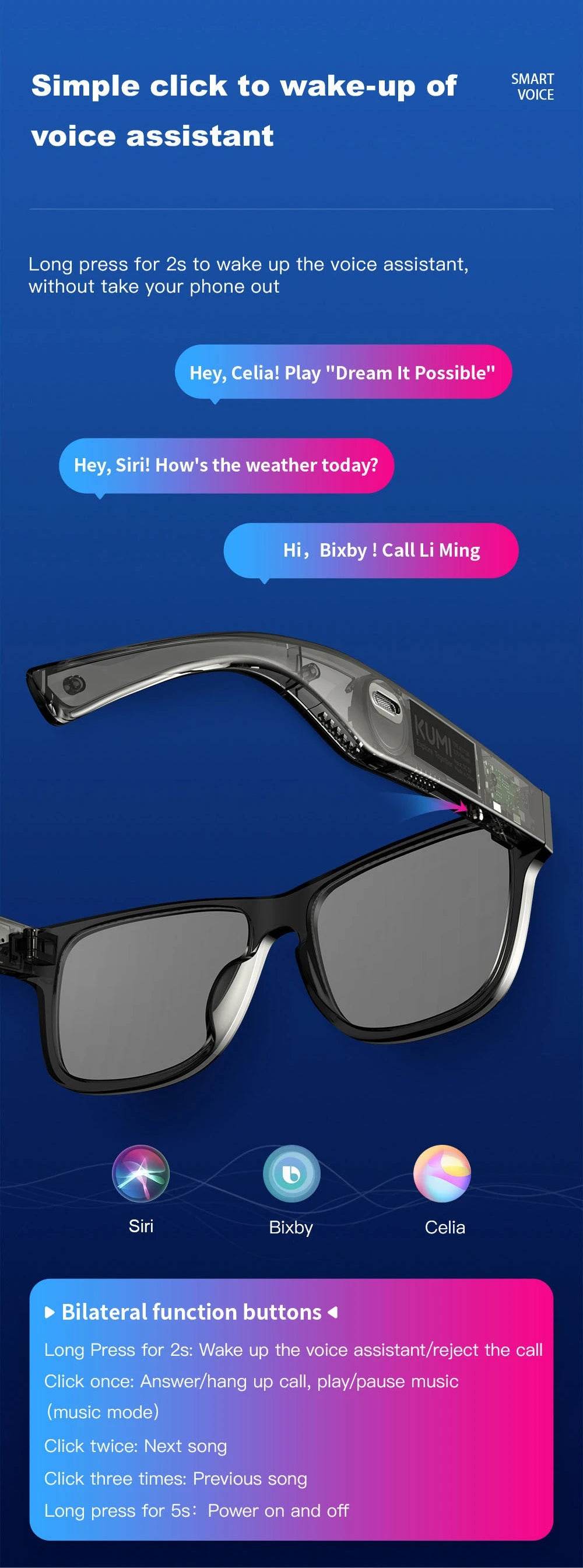 KUMI Meta V1 Smart Glasses Break Audio-visual Imagination Create Bluetooth glasses IPX4 Waterproof Bluetooth Phone Call - EYESPHERE