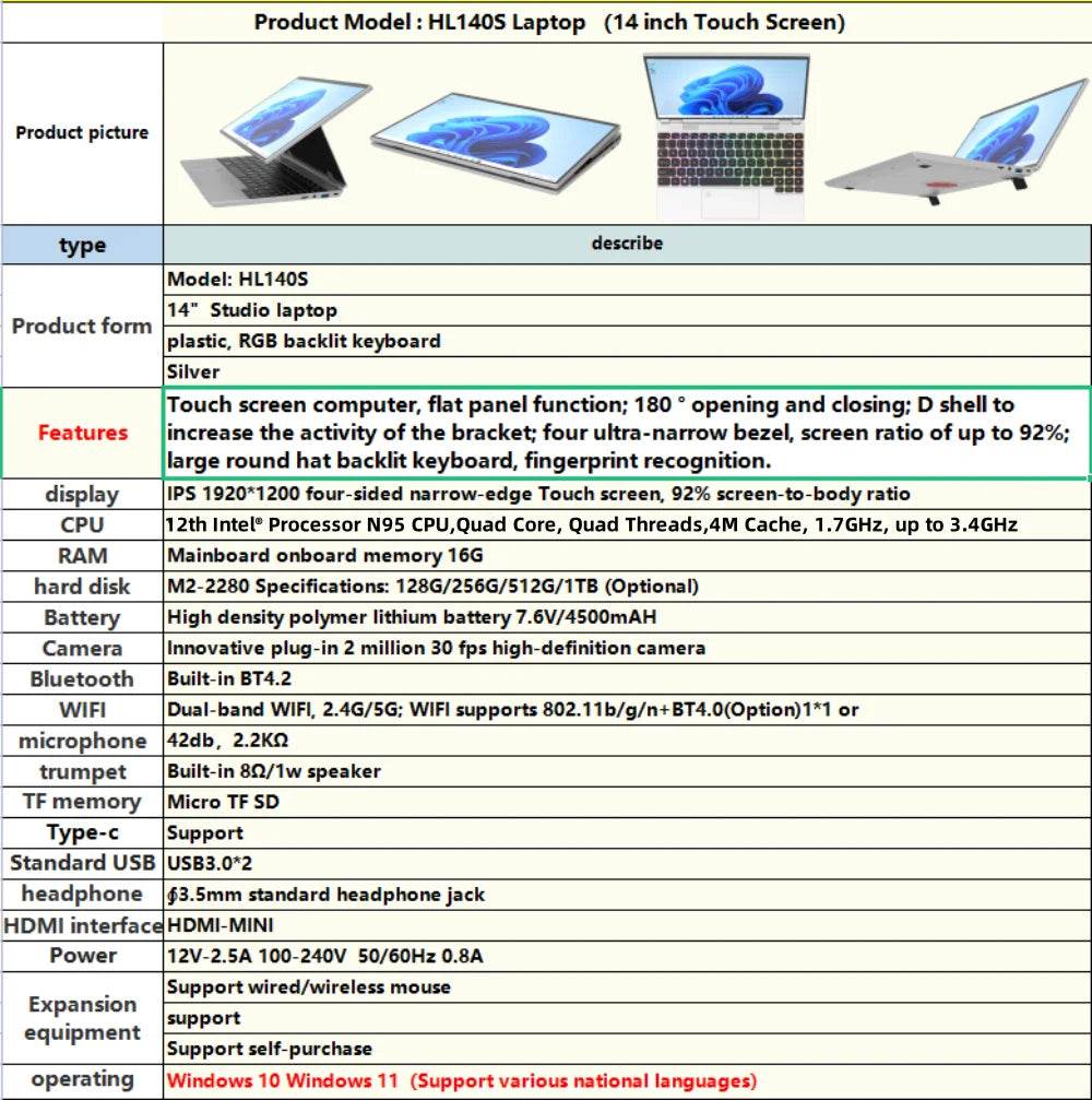 360° Rotating 14.0'' IPS Touch Screen 32G 128G-1T Laptop N95 Windows 11 Notebook 4 In 1 Tablet Business Office Slim Touch ID RGB - EYESPHERE