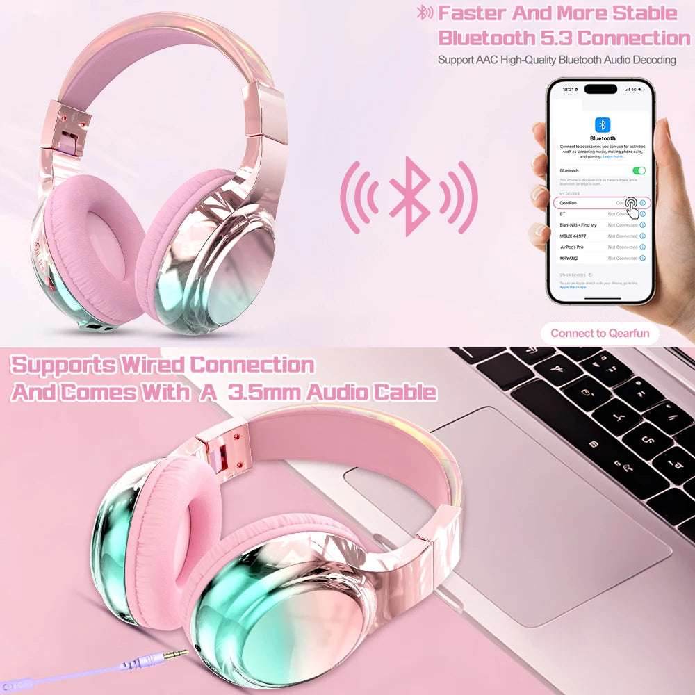 Glossy Gradient Pink Bluetooth5.3 Headphone For Girl Wireless Headphone with Mic Over Ear Headset Gift - EYESPHERE