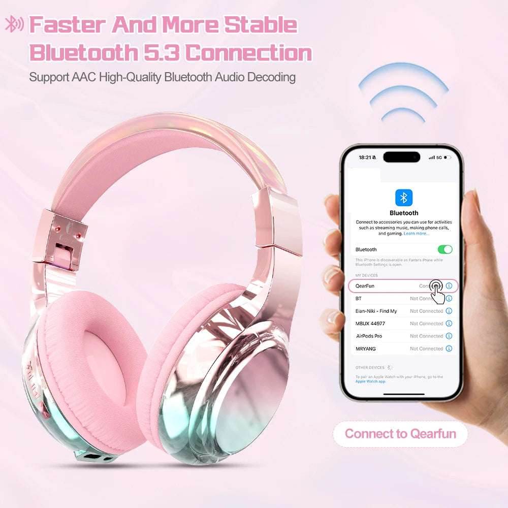 Glossy Gradient Pink Bluetooth5.3 Headphone For Girl Wireless Headphone with Mic Over Ear Headset Gift - EYESPHERE