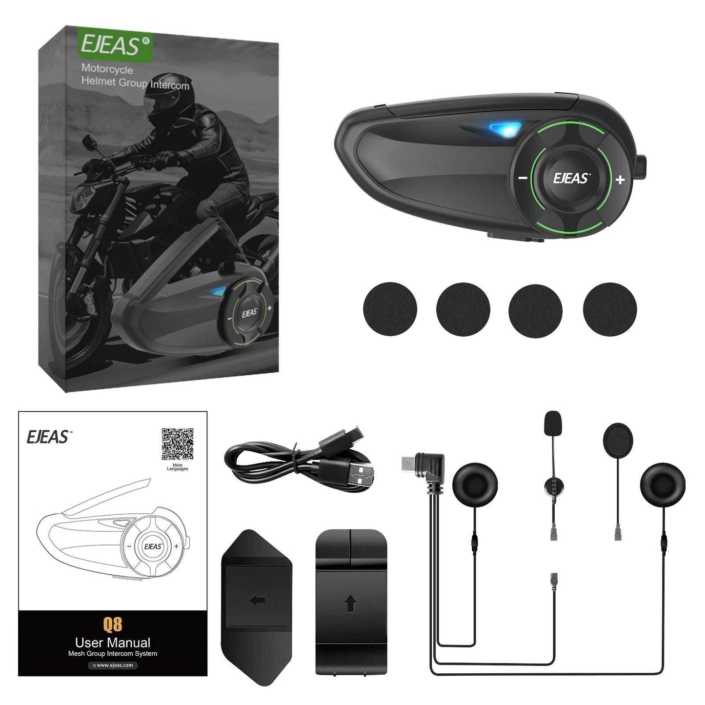 EJEAS Q8 Motorcycle Mesh Intercom with EUC Remote Walkie Talkie Bluetooth Interphone Headset for 6 Riders with Bluetooth 5.1 - EYESPHERE